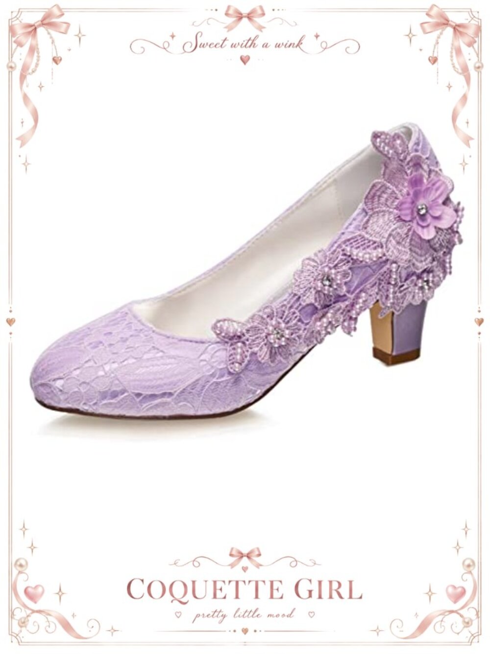 Silk Like Satin Chunky Heel Pumps with Lace Flower Crystal Pearl Wedding